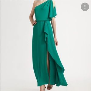 BCBGMAXAZRIA Kendall teal green one shoulder gown